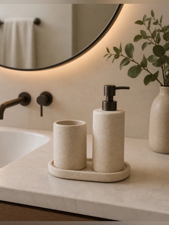 Other - Neutral Stone Bath Accessory Set w/ Pump Dispenser, Vanity Tray, Stone Tumbler